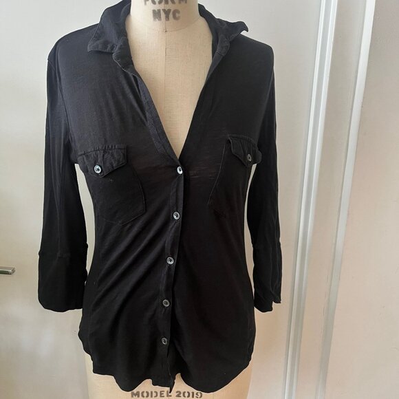 JAMES PERSE Sheer Slub Side Panel Button Down Shirt in Black Size 2 (Medium) - Picture 3 of 8